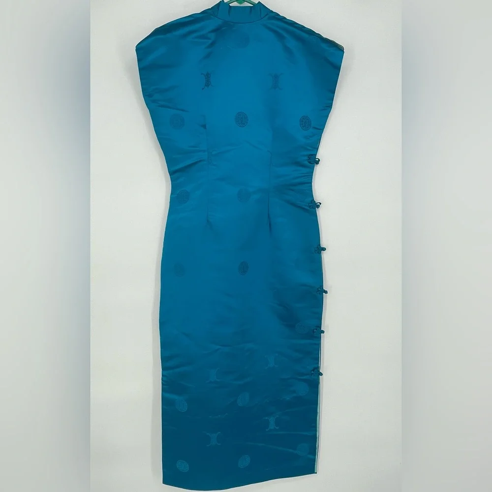 VTG 1960s Mandarin Fashions Aqua Blue Maxi Length Mid Century Cheongsam Dress - Picture 9 of 14